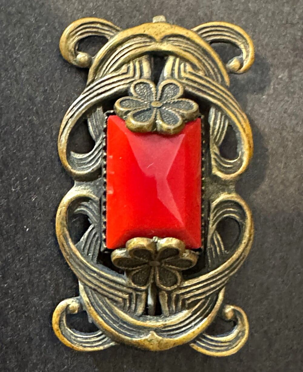 Antique Art Nouveau Brass Brooch Vibrant Red Glass Cabochon C-Clasp Vintage Pin